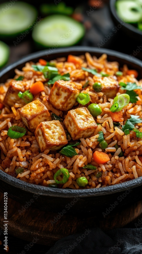 A vibrant dish of fried rice with tofu, vegetables, and garnished with green onions. A vibrant dish of fried rice with tofu, vegetables, and garnished with green onions.