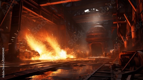 Intense view of molten zinc being smelted in a high temperature industrial blast furnace with glowing heat and a shower of bright sparks during the metalworking and manufacturing process photo