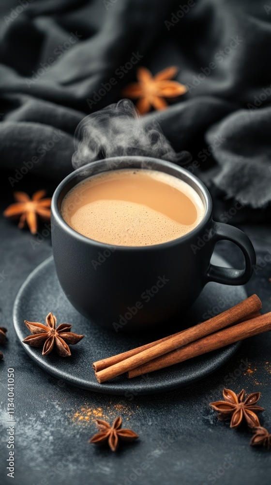 A steaming cup of spiced drink with cinnamon sticks and star anise on a dark background. A steaming cup of spiced drink with cinnamon sticks and star anise on a dark background.