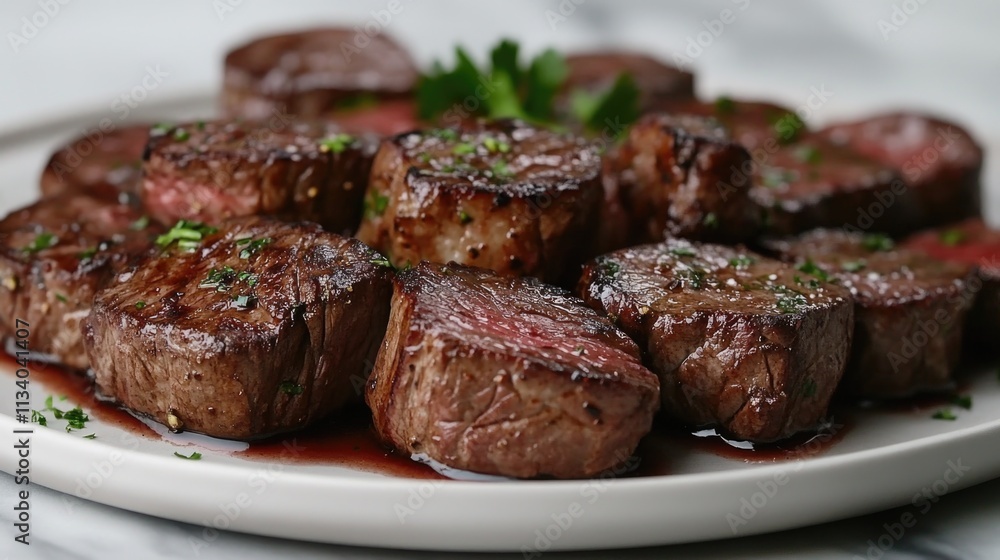 A plate of beef cut into small pieces, with the grain of the meat clearly visible, on a marble table top background. A plate of beef cut into small pieces, with the grain of the meat clearly visible, on a marble table top background.