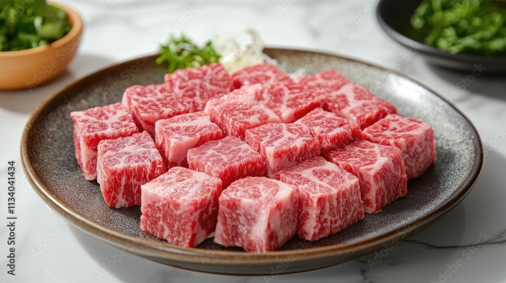 A plate of beef cut into small pieces, with the grain of the meat clearly visible, on a marble table top background. A plate of beef cut into small pieces, with the grain of the meat clearly visible, on a marble table top background.