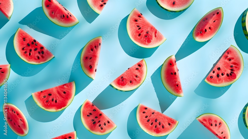 Slices of watermelon arranged on a blue background with shadows. Slices of watermelon arranged on a blue background with shadows.