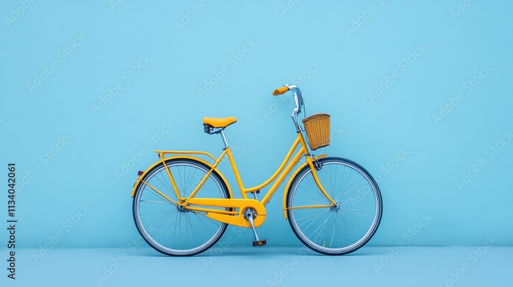 Fototapeta premium Vintage yellow bicycle against a light blue wall.