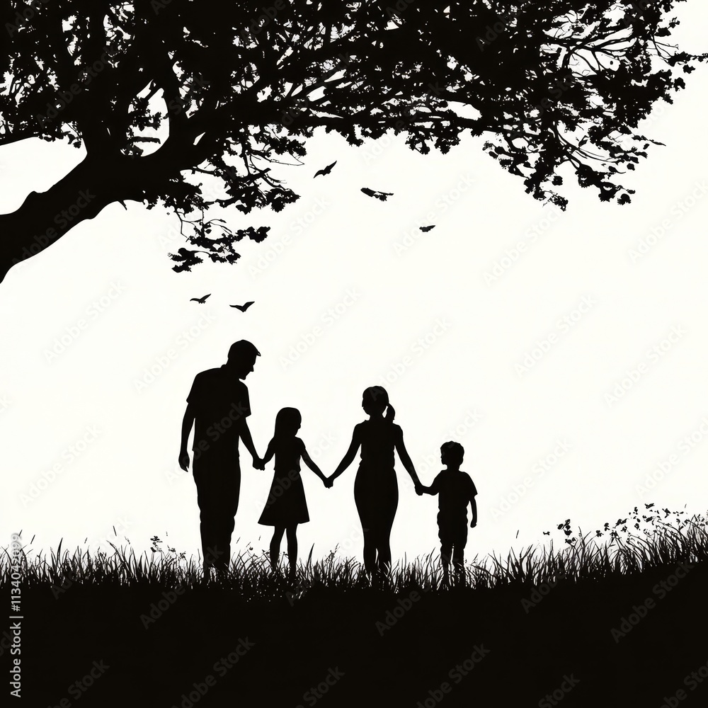 A silhouette of a family holding hands at a park A silhouette of a family holding hands at a park