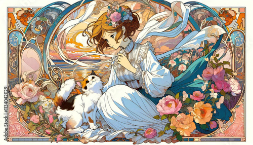 A cel-style illustration of a cat and a girl.generated by AI.
