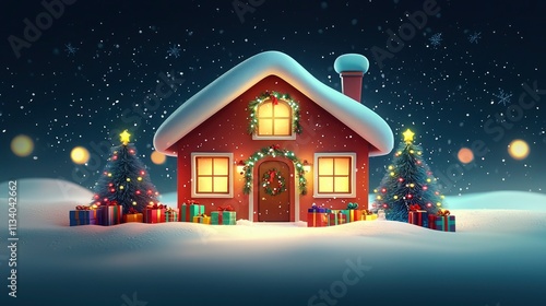 Cozy Christmas Cottage in a Snowy Night Scene