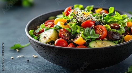 A vibrant salad bowl filled with fresh vegetables and greens, ideal for healthy eating.