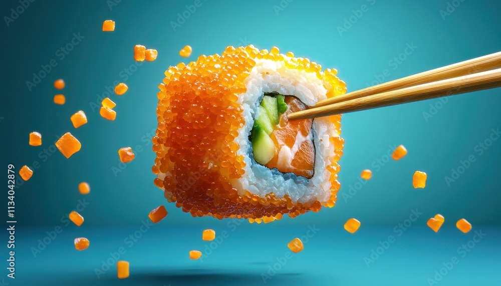 Delicious Sushi Roll with Salmon and Tobiko: A Culinary Masterpiece in Levitation Delicious Sushi Roll with Salmon and Tobiko: A Culinary Masterpiece in Levitation