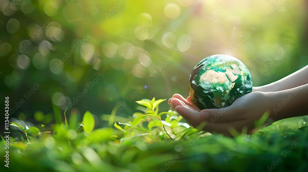Holding a Green Earth Globes in Hands with Nature Background Holding a Green Earth Globes in Hands with Nature Background