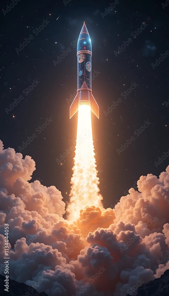 Fototapeta premium A holographic projection of a glowing rocket launching into space