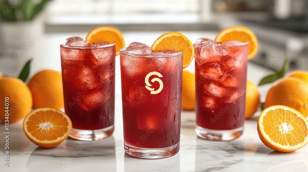 Fototapeta premium Three refreshing drinks with ice and orange slices on a marble surface.