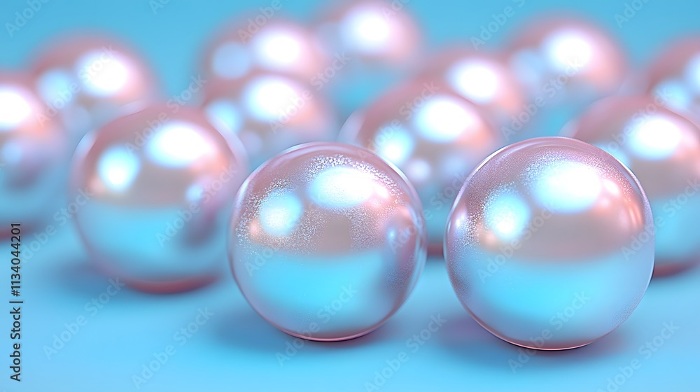 Close-up of iridescent pink and blue pearls scattered on a light blue background. Close-up of iridescent pink and blue pearls scattered on a light blue background.