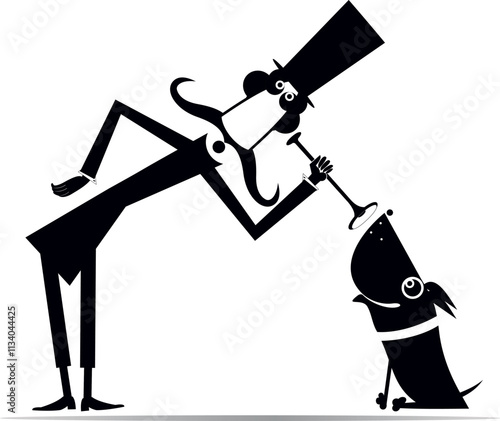 Male veterinarian examining a dog. 
Funny long mustache man in the top hat examining a smiling dog by endoscope. Black and white illustration
