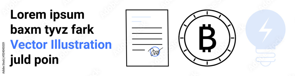 Text placeholder, document with signature, Bitcoin coin, and lightbulb icon. Ideal for cryptocurrency, blockchain technology, digital contracts, innovation, financial technology, smart contracts Text placeholder, document with signature, Bitcoin coin, and lightbulb icon. Ideal for cryptocurrency, blockchain technology, digital contracts, innovation, financial technology, smart contracts