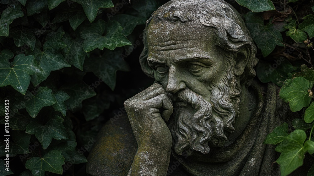 Weathered stone statue of pensive old man, hidden by overgrown ivy. Weathered stone statue of pensive old man, hidden by overgrown ivy.