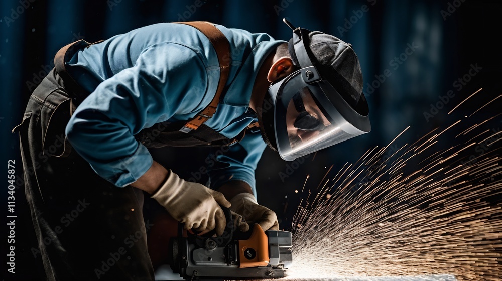 Steelworker Smoothing the Surface of a Steel Part Using a Powerful Grinder Sparks Flying in an Industrial Workshop Setting Skilled Manual Labor and Metalworking Equipment in Manufacturing Process Steelworker Smoothing the Surface of a Steel Part Using a Powerful Grinder Sparks Flying in an Industrial Workshop Setting Skilled Manual Labor and Metalworking Equipment in Manufacturing Process