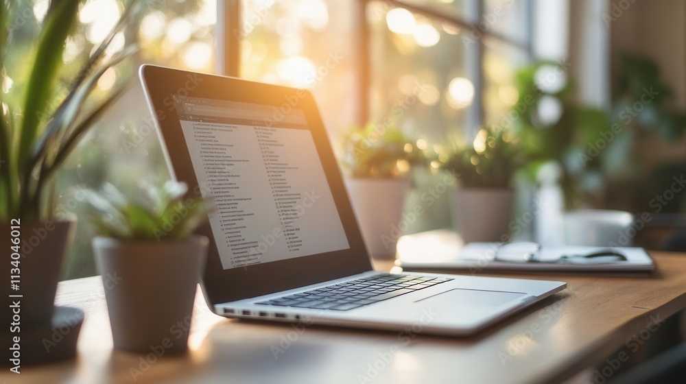 Working on a laptop surrounded by plants home office digital workspace bright environment contemporary viewpoint productivity concept Working on a laptop surrounded by plants home office digital workspace bright environment contemporary viewpoint productivity concept