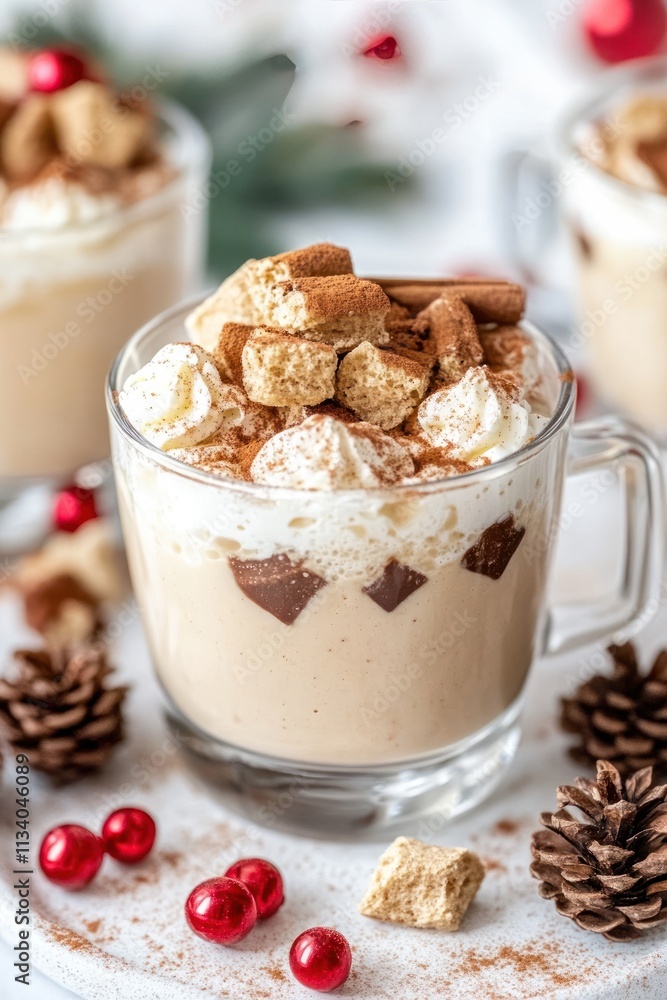 A festive dessert drink topped with whipped cream and cookie pieces in a cozy setting. A festive dessert drink topped with whipped cream and cookie pieces in a cozy setting.