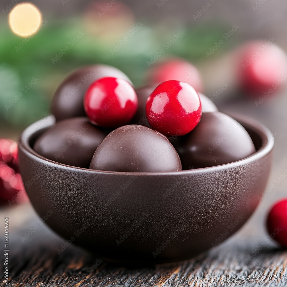 A bowl filled with chocolate candies and red-coated treats. A bowl filled with chocolate candies and red-coated treats.