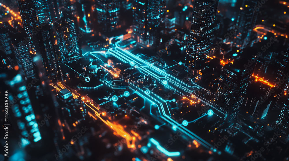 Naklejka premium Smart digital Innovation city with connection network reciprocity over the cityscape. of future smart wireless digital city and social media networking systems that connects people with in city