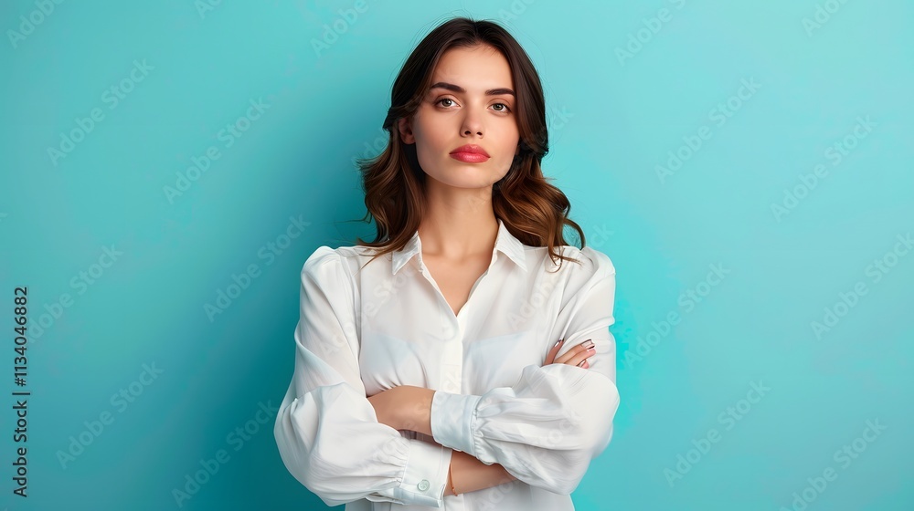 Confident Young Woman in White Shirt Against Turquoise Background Confident Young Woman in White Shirt Against Turquoise Background