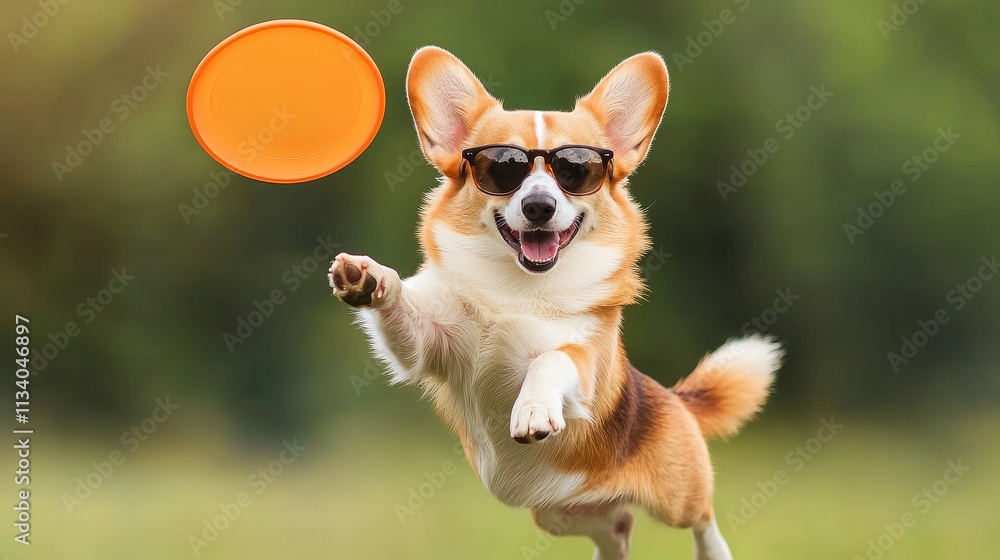 A playful corgi wearing sunglasses jumps to catch a flying frisbee in a sunny outdoor setting. A playful corgi wearing sunglasses jumps to catch a flying frisbee in a sunny outdoor setting.