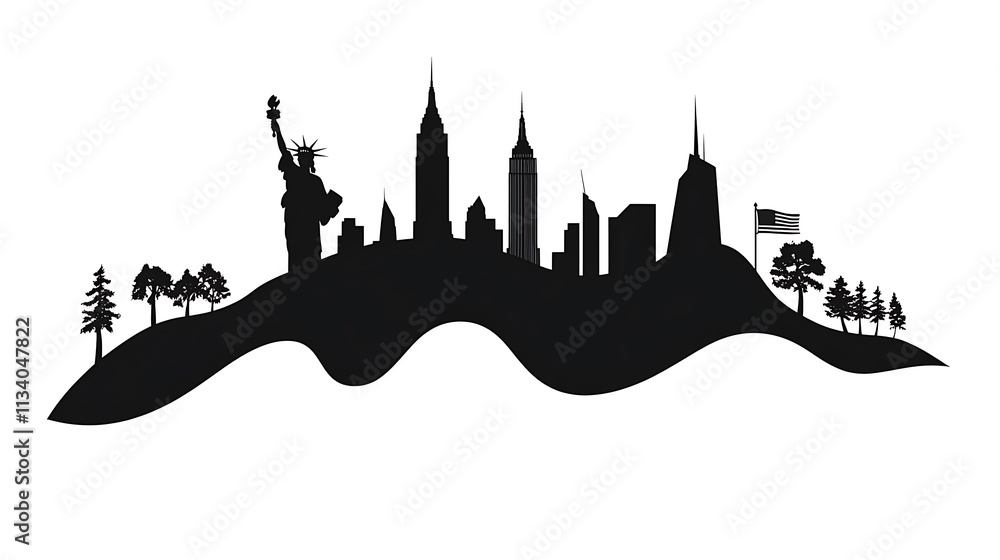 Silhouette of New York City skyline featuring Lady Liberty Silhouette of New York City skyline featuring Lady Liberty