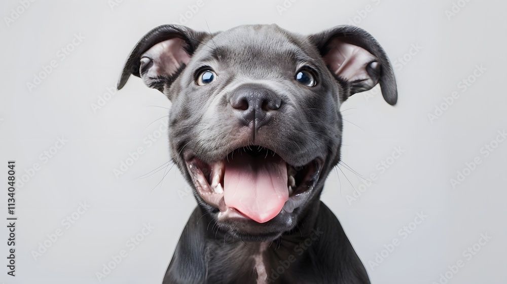 Happy Gray Puppy with Blue Eyes and Playful Expression Happy Gray Puppy with Blue Eyes and Playful Expression