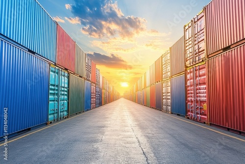 Wallpaper Mural Colorful shipping containers line a road at sunset. Illustrates global trade, logistics, and transport. Torontodigital.ca