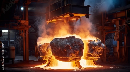 Intense flames visible as molten metal flows through an aluminum smelting furnace highlighting the high heat industrial process of metal manufacturing and production