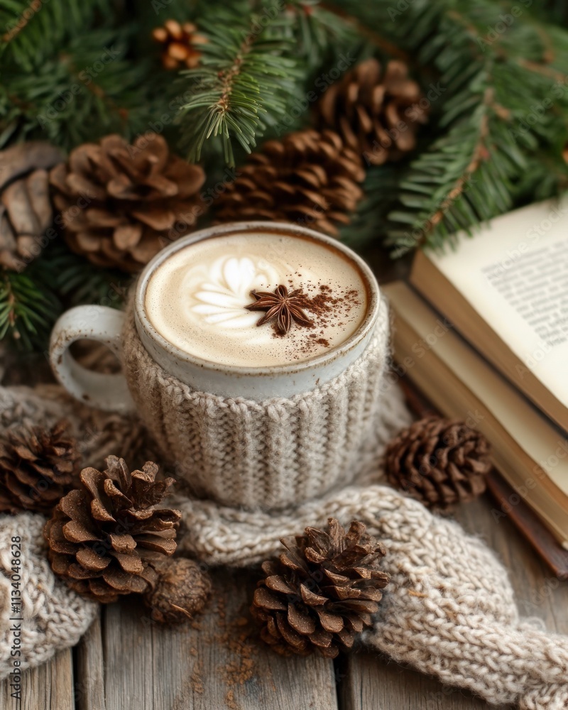 A cozy coffee scene with pinecones and a book, evoking warmth and relaxation. A cozy coffee scene with pinecones and a book, evoking warmth and relaxation.