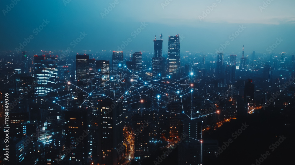 Obraz premium Smart digital Innovation city with connection network reciprocity over the cityscape. of future smart wireless digital city and social media networking systems that connects people with in city