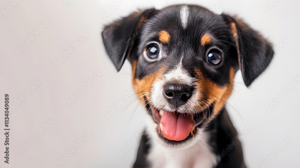 Adorable puppy with bright eyes and happy expression in studio light Adorable puppy with bright eyes and happy expression in studio light