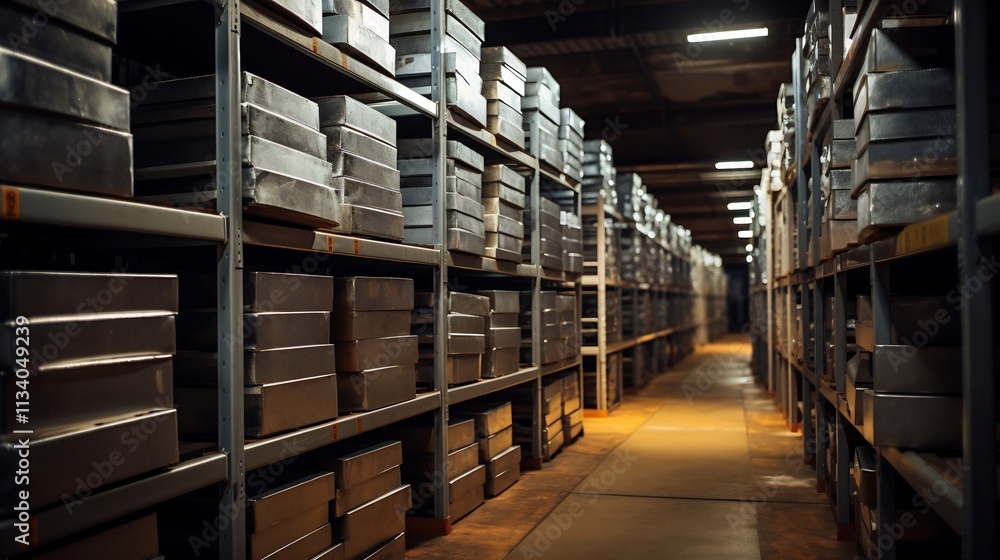 Orderly arrangement of stacked aluminum ingots under bright overhead lighting in a modern industrial storage or warehousing facility The ingots a raw material for manufacturing Orderly arrangement of stacked aluminum ingots under bright overhead lighting in a modern industrial storage or warehousing facility The ingots a raw material for manufacturing