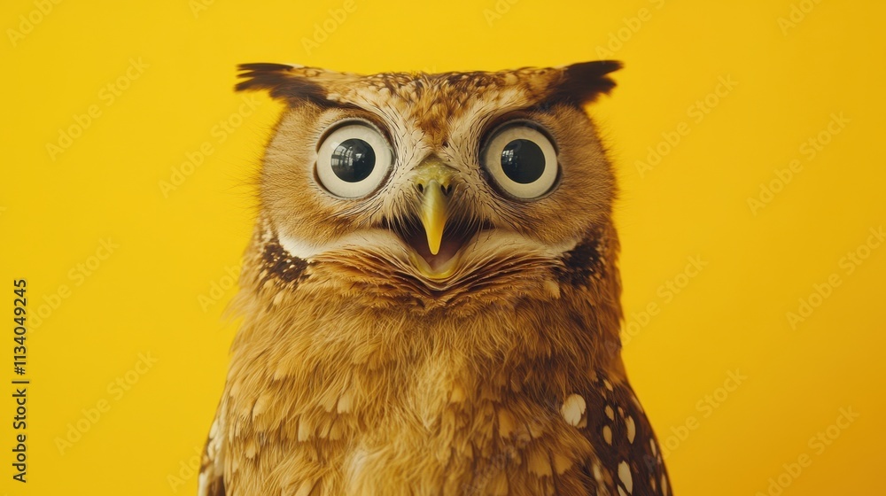 Close-up of a surprised-looking owl against a yellow background. Perfect for websites, blogs, or presentations needing a quirky, wise image. Close-up of a surprised-looking owl against a yellow background. Perfect for websites, blogs, or presentations needing a quirky, wise image.