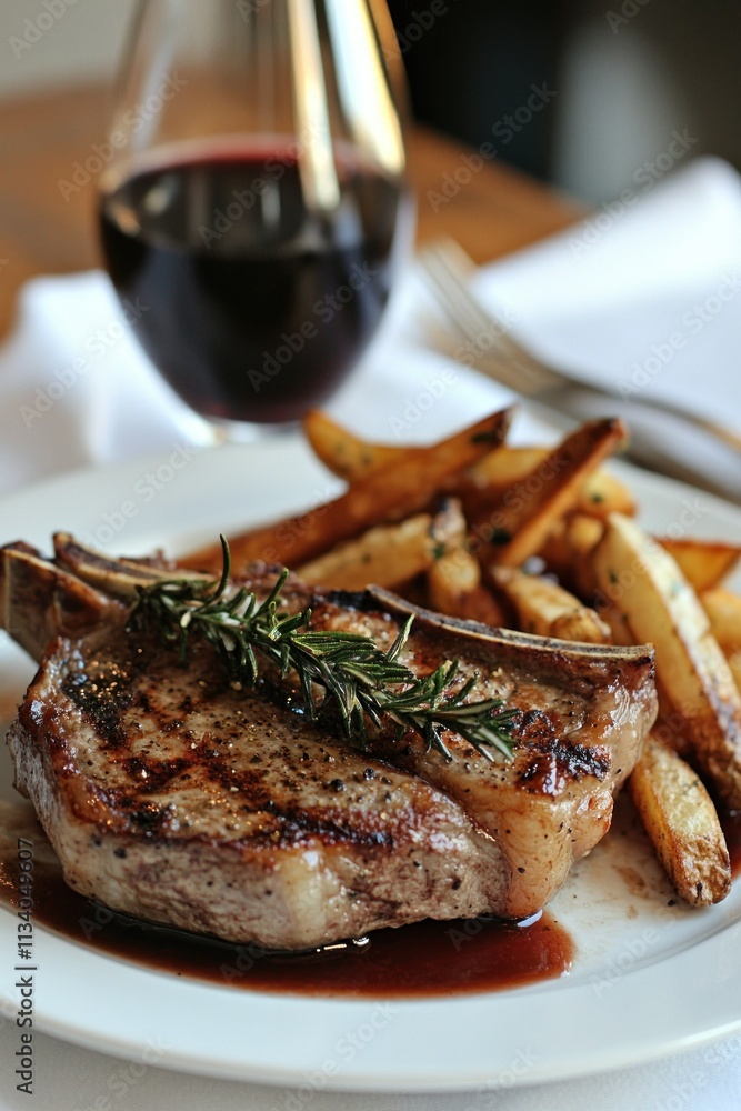 A plate of grilled pork chop with fries and a glass of red wine, showcasing a gourmet meal. A plate of grilled pork chop with fries and a glass of red wine, showcasing a gourmet meal.