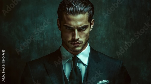 sophisticated man in dark suit intense gaze