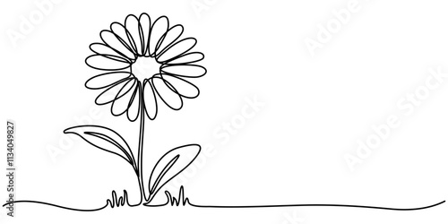 One continuous line drawing. Printable decorative poster common daisy flower concept chamomile, Daisy flower in continuous line art drawing style. Chamomile One line drawing art. Minimalist black line