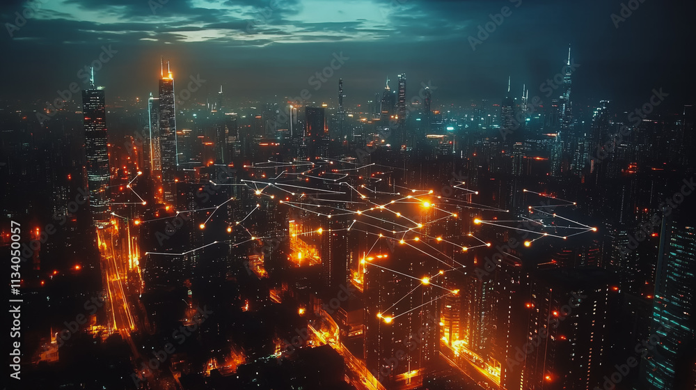 Fototapeta premium Smart digital Innovation city with connection network reciprocity over the cityscape. of future smart wireless digital city and social media networking systems that connects people with in city