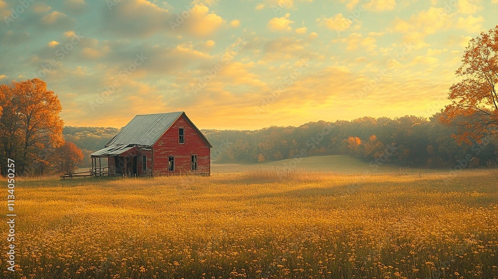 Rustic Red Barn in Autumn Field at Sunset Rustic Red Barn in Autumn Field at Sunset