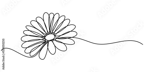 One continuous line drawing. Printable decorative poster common daisy flower concept chamomile, Daisy flower in continuous line art drawing style. Chamomile One line drawing art. Minimalist black line