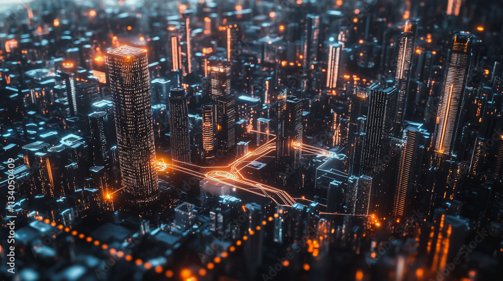 Smart digital Innovation city with connection network reciprocity over the cityscape. of future smart wireless digital city and social media networking systems that connects people with in city Smart digital Innovation city with connection network reciprocity over the cityscape. of future smart wireless digital city and social media networking systems that connects people with in city