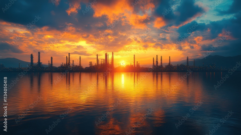 Fototapeta premium Fiery Sunset over Industrial Waterfront