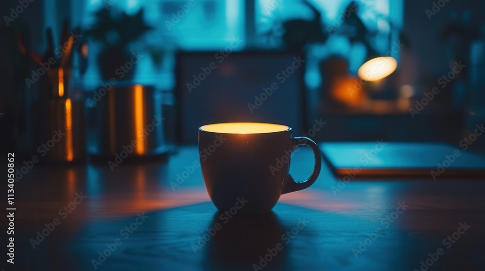 Illuminated coffee mug on table cozy home workspace photography warm atmosphere close-up perspective comfort concept for relaxation Illuminated coffee mug on table cozy home workspace photography warm atmosphere close-up perspective comfort concept for relaxation