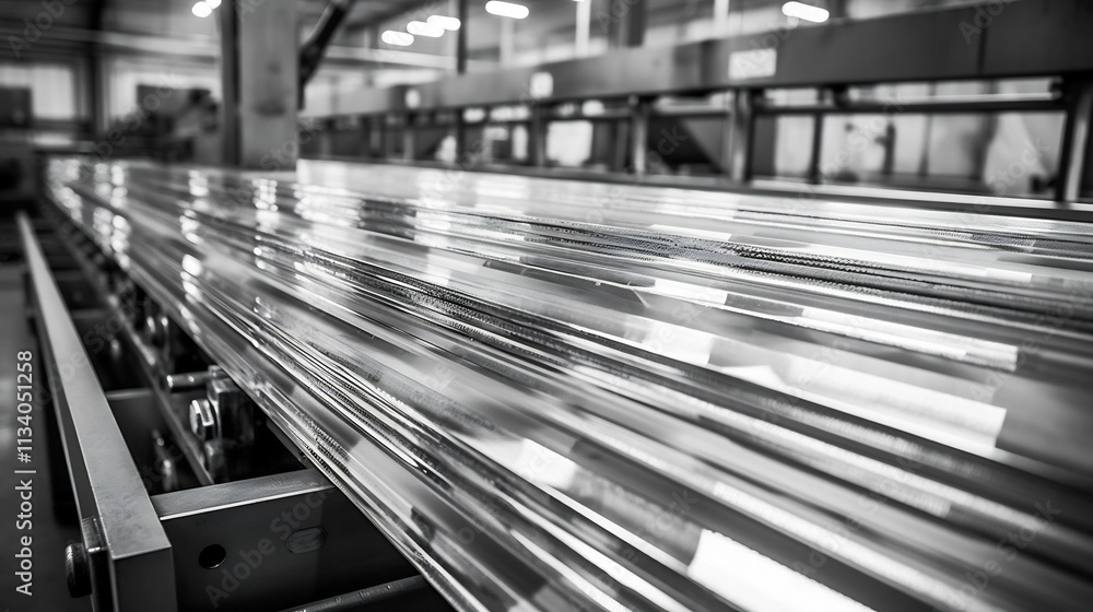 Extruded aluminum profiles being cooled down after the industrial production process in a modern manufacturing facility Extruded aluminum profiles being cooled down after the industrial production process in a modern manufacturing facility