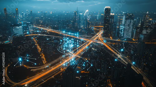 Wallpaper Mural Smart digital Innovation city with connection network reciprocity over the cityscape. of future smart wireless digital city and social media networking systems that connects people with in city Torontodigital.ca