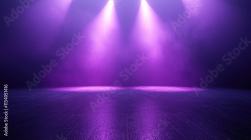 Spotlight on stage, Empty stage with spotlights, purple spotlight coming from above shining on purple wallpaper studio. 