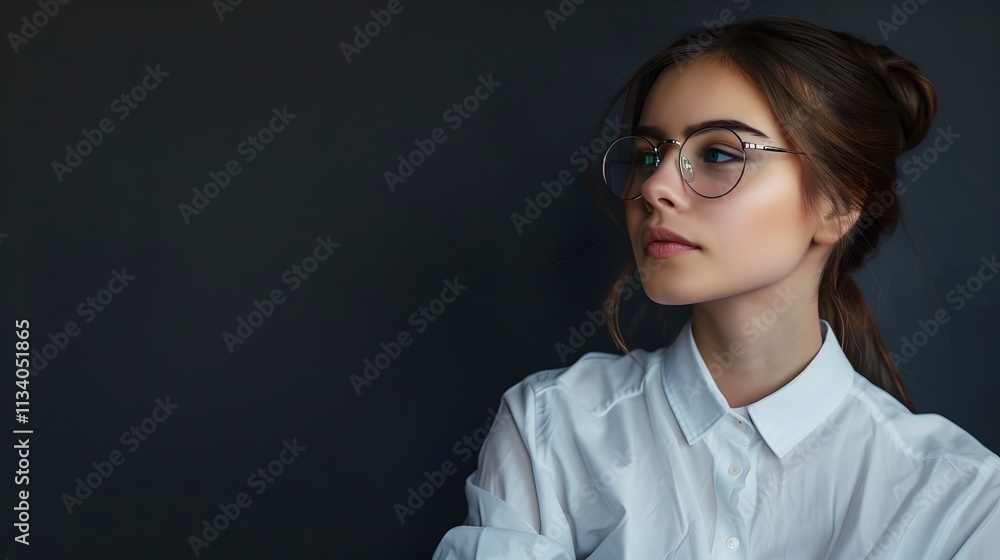 Thoughtful Young Woman in White Shirt Against Dark Background Thoughtful Young Woman in White Shirt Against Dark Background
