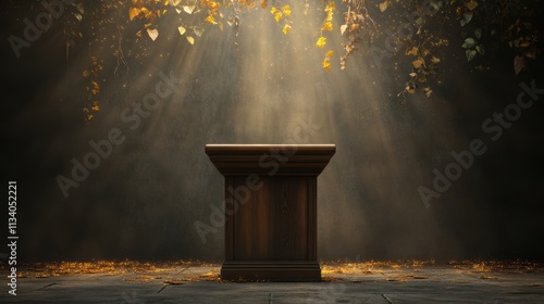 A wooden podium stands illuminated by soft, golden rays peeking through leaves, creating a tranquil atmosphere, Ideal for presentations, speeches, or nature-themed events, photo