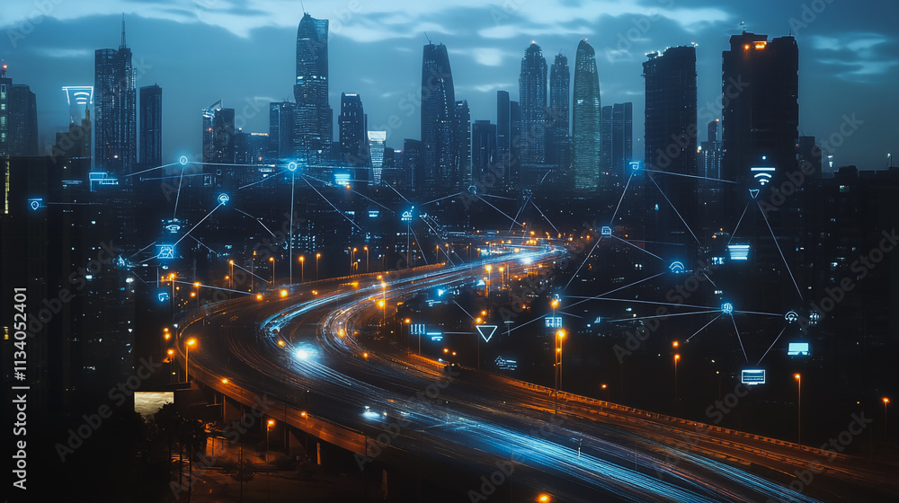 Obraz premium Smart digital Innovation city with connection network reciprocity over the cityscape. of future smart wireless digital city and social media networking systems that connects people with in city